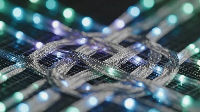 Microscopic view of silver threads and fiber-optics weaving a geometric fabric