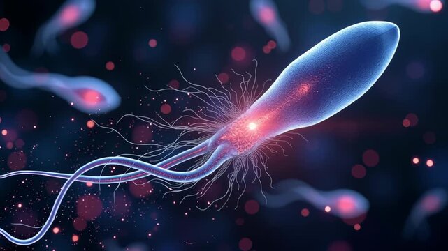 Microscopic Sperm Cells Concept ,Microscopic bacterium with flagella, blue and red glowing center, microorganism science, medical research