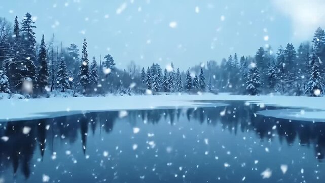 Snowy Winter Landscape with a Frozen Lake and Tall Pine Trees in a Tranquil Scene