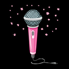 Professional pink microphone with floating stars on black background for nightclub music performance and live entertainment