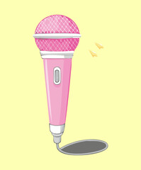 Stylish pink microphone with glowing aura on yellow background for live performance and creative music recording concept