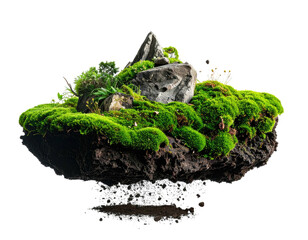 Miniature floating island with lush moss, rocks, and small plants