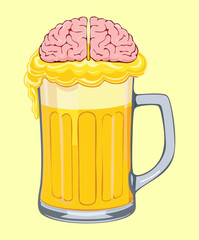 Unique beer mug with brain shaped foam for creative party concept and fun celebration drink event decoration