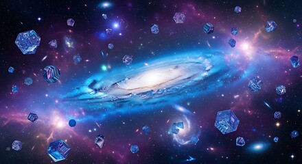 A vibrant cosmic scene featuring a central, glowing spiral galaxy with surrounding floating crystalline structures against a nebula backdrop