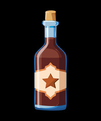 Antique brown bottle with golden star on black background for elegant celebration toast and luxury nightclub drink