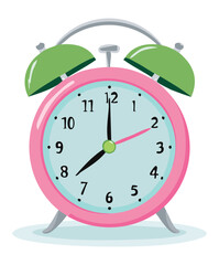 Classic pink analog alarm clock with green bells for morning wake up routine and daily time management