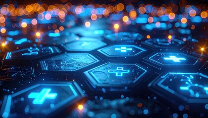 Futuristic Hexagonal Grid with Glowing Blue Cross Symbols and Bokeh Lights.