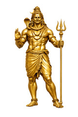 Golden brass statue of Lord Shiva standing with a trident and cobra, offering blessings with the Abhaya Mudra gesture.