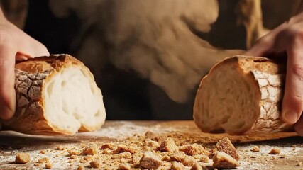 Hands breaking a fresh baguette with flying crumbs and escaping steam