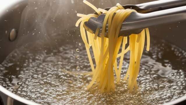 Cooking spaghetti in boiling water with tongs in stainless steel pot