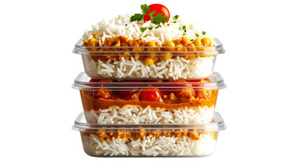 Stacked clear containers filled with rice and curry, isolated on black