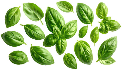Fresh green basil leaves scattered on black, with veins and textures visible