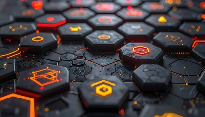 Futuristic Hexagonal Grid with Glowing Orange and Red Symbols.