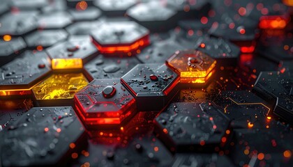 Abstract Hexagonal Grid with Glowing Orange and Red Energy Cells.