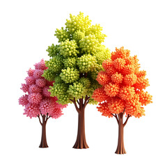 Three colorful stylized trees with round foliage isolated on transparent background