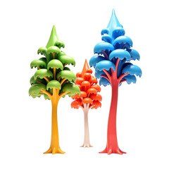 Three colorful stylized trees on a transparent background isolated on transparent background