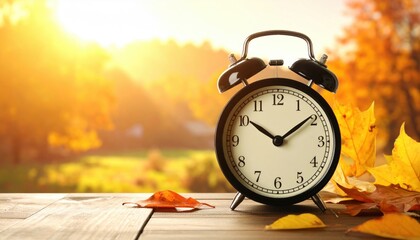 Daylight Savings Time Concept - Clock And Leaves On Wooden Table