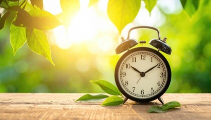 Daylight Savings Time Concept - Clock And Leaves On Wooden Table