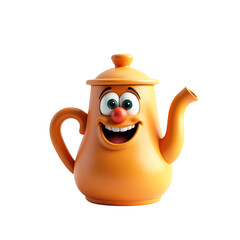 Funny cartoon orange teapot with a happy face isolated on transparent background
