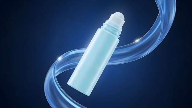 A light blue roll-on bottle for deodorant or skincare, elegantly presented with a swirling blue ribbon on a dark background.