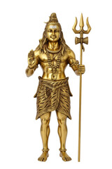 Obraz premium Golden statue of Lord Shiva standing with a trident, featuring a calm expression and traditional ascetic attire.