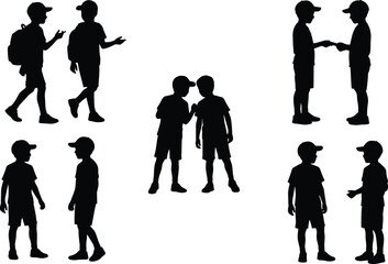 Children silhouettes talking and walking together, boys communication friendship activities set isolated on white background, kid interaction vector illustration design