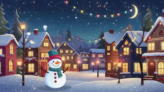 Cartoon-style Christmas village with cozy houses, twinkling lights, and a cheerful snowman 