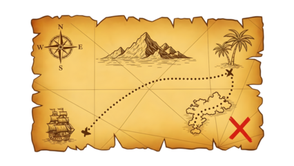 Vintage treasure map with compass palm tree mountains ship and airplane isolated on a transparent background