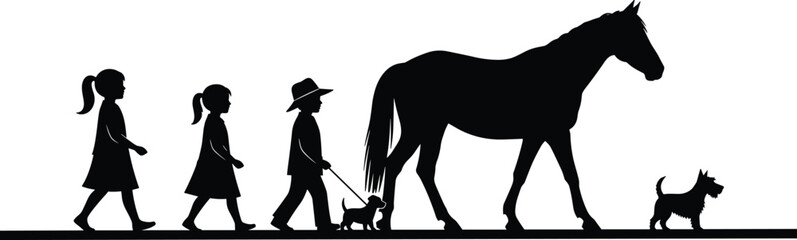 Children walking with animals, silhouette vector art, peaceful scene illustration, cad drawing flat vector illustration, black graphic design, nature bondv