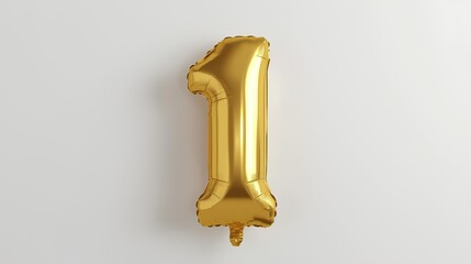 Shiny golden number one foil balloon floating on a clean white background for celebrating first anniversaries, birthdays, or achievements