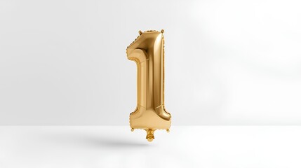 Shiny golden number one balloon gracefully floating, signifying a significant milestone or special anniversary celebration on a bright background