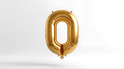 Shiny golden metallic number zero balloon floating gracefully against a pristine white background