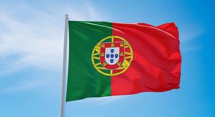 Fototapeta premium A vibrant, detailed depiction of a national banner waving against a clear, azure sky, showcasing symbolic colors and design