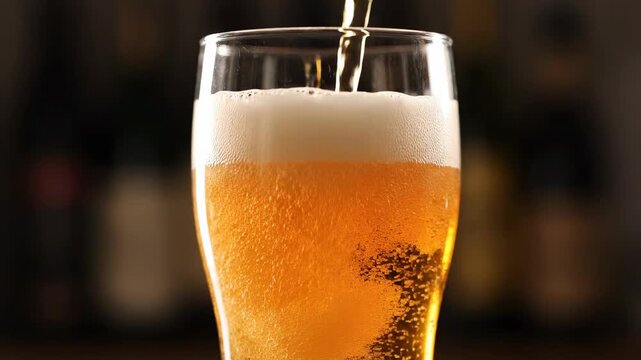 Pouring refreshing cold light beer into a pint glass
