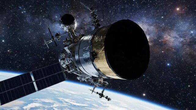 Satellite in space orbiting earth against a starry background
