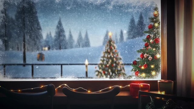Cartoon-style Christmas village with cozy houses, twinkling lights, and a cheerful snowman 