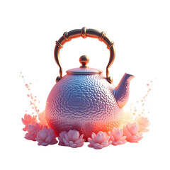 Ornate teapot with floral accents and water droplets isolated on transparent background