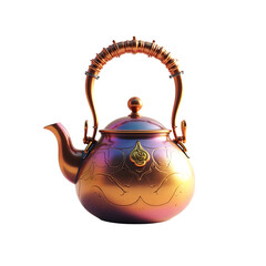 Antique ornate copper teapot with iridescent sheen isolated on transparent background