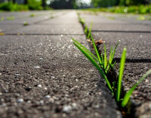 A rural asphalt road cuts through a lush green field of soil and spring growth under a clear sky, creating a scenic travel landscape for agriculture and transportation
