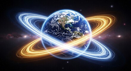 Obraz premium A vibrant depiction of Earth encased in ethereal, glowing rings of light against the vast cosmic backdrop of nebulas and stars