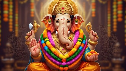 Fototapeta premium God Ganesha sitting with majestic background, generated by Ai
