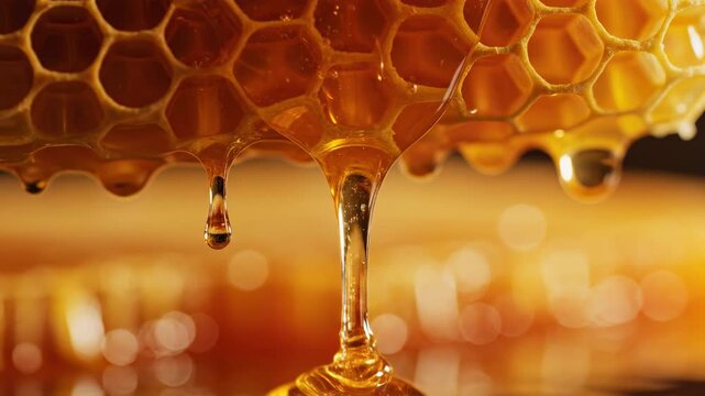 Slow motion golden honey dripping from fresh organic honeycomb
