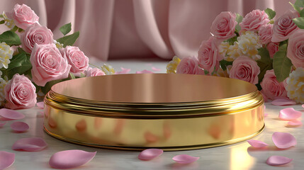 Elegant golden podium surrounded by pink roses and petals AI Generated