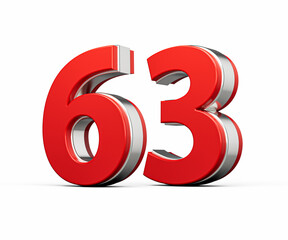 Bold Vibrant Red Number Sixty three Number 63 With Metallic On White Background 3D Illustration