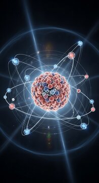 A vibrant, detailed illustration depicts an atom's structure. Protons/neutrons cluster in the core. Electrons orbit in pathways of light