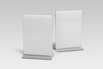 two blank transparent acrylic plastic table tents holder realistic mockup template with 5x7 inch vertical paper size 3d render isolated