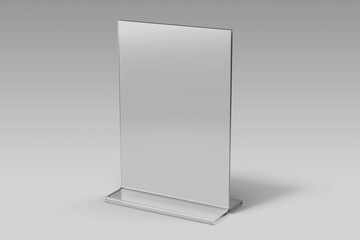 one blank transparent acrylic plastic table tent holder realistic mockup template with 5x7 inch vertical paper size 3d render isolated