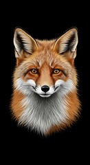 Fototapeta premium A vibrant, detailed illustration featuring the front-facing head of a red fox against a stark black background. The fox exhibits intense eyes and fluffy fur
