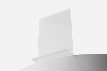 blank transparent acrylic plastic table tent holder realistic mockup template with 5x7 inch vertical paper size 3d render isolated from bottom view on podium