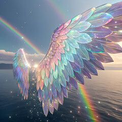 A pair of shimmering, iridescent wings with rainbow colors flying over a serene ocean at sunset, with two rainbows in the sky.